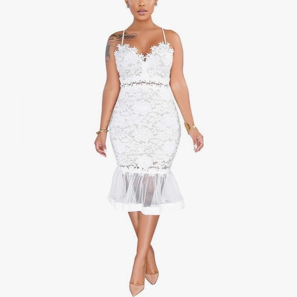 Salimdy Dresses & Skirts - SALIMDY white dress floral mesh pencil midi Medium